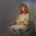 R43 pastel – Lady in white sitting in a green chair – 8oz – 20w x24h