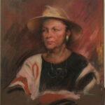 R56 Pastel – Woman with reading glasses around her neck in a wide brimmed hat – 22w x26h