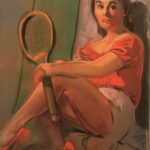 R68b Pastel dbl sided- Young lady in red with tennis racket – 19.75w x 25.5h