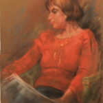 R108 – Lady in red reading a newspaper – 20.5w 26.5h – 450